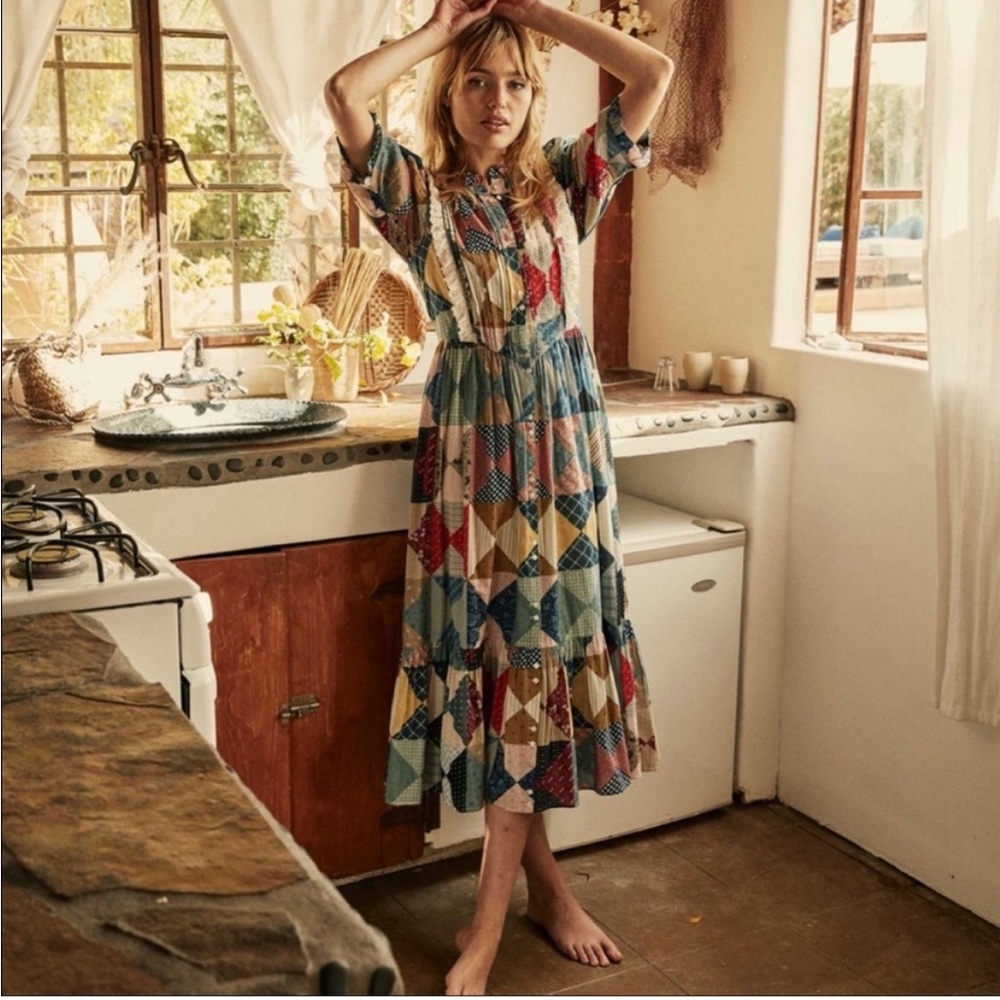 Doen Darby Patchwork Ruffle Midi Prairie Dress